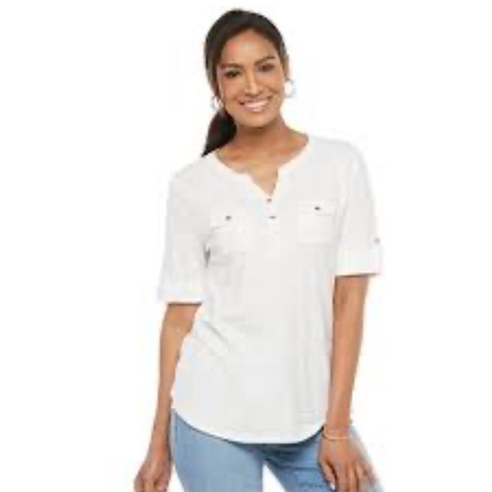 Women's White Henley Short-Sleeve Top
